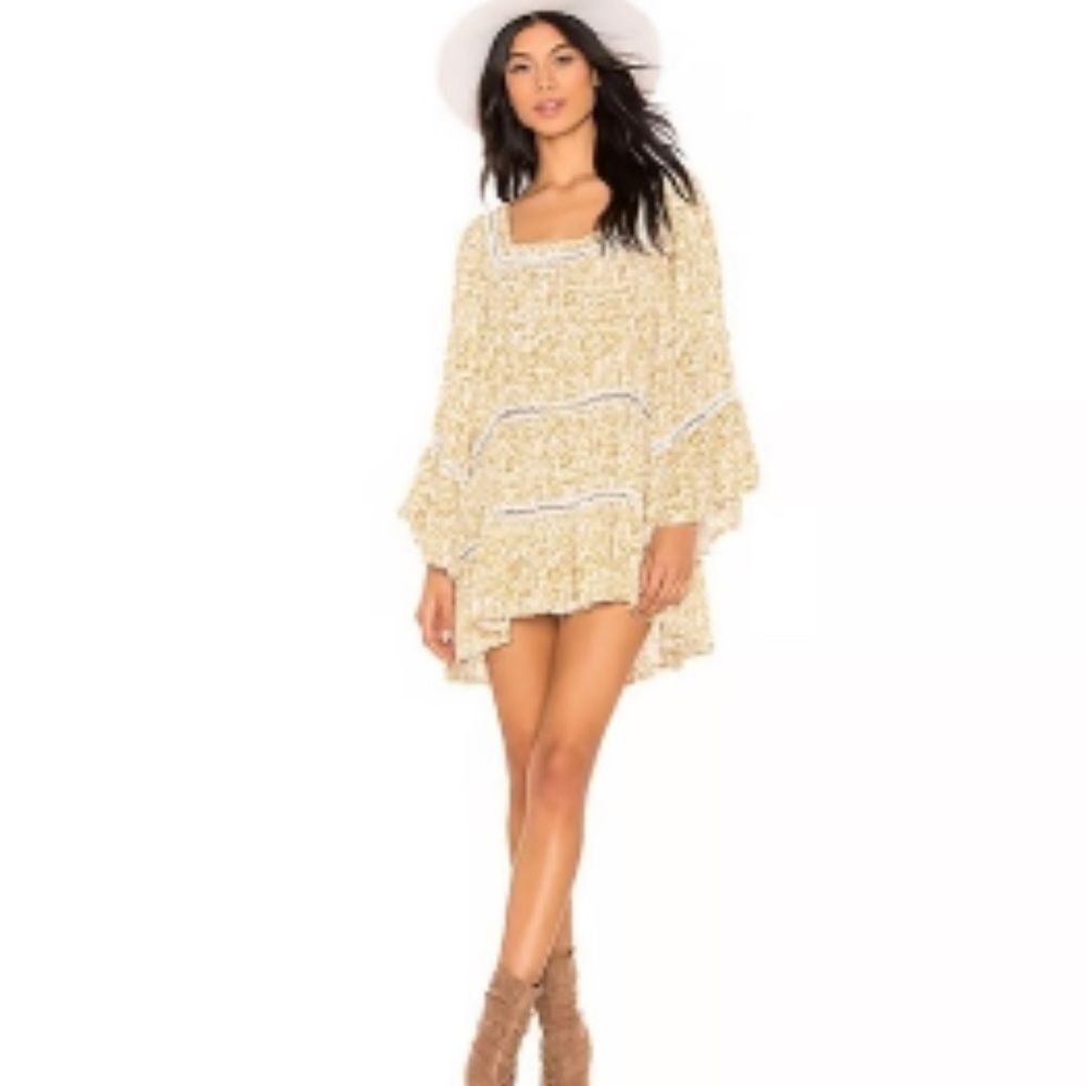Free People Talk About It Boho Floral Tiered Peasant Style Tunic Yellow Size XS